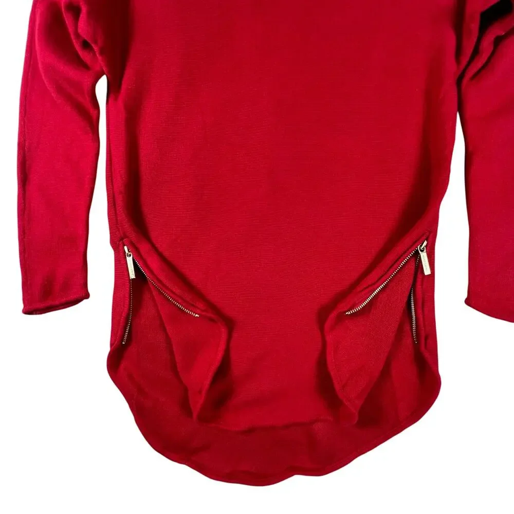 Michael Kors Red Tunic Sweater Womens M Gold Zip High Low Long Sleeve Knit Top